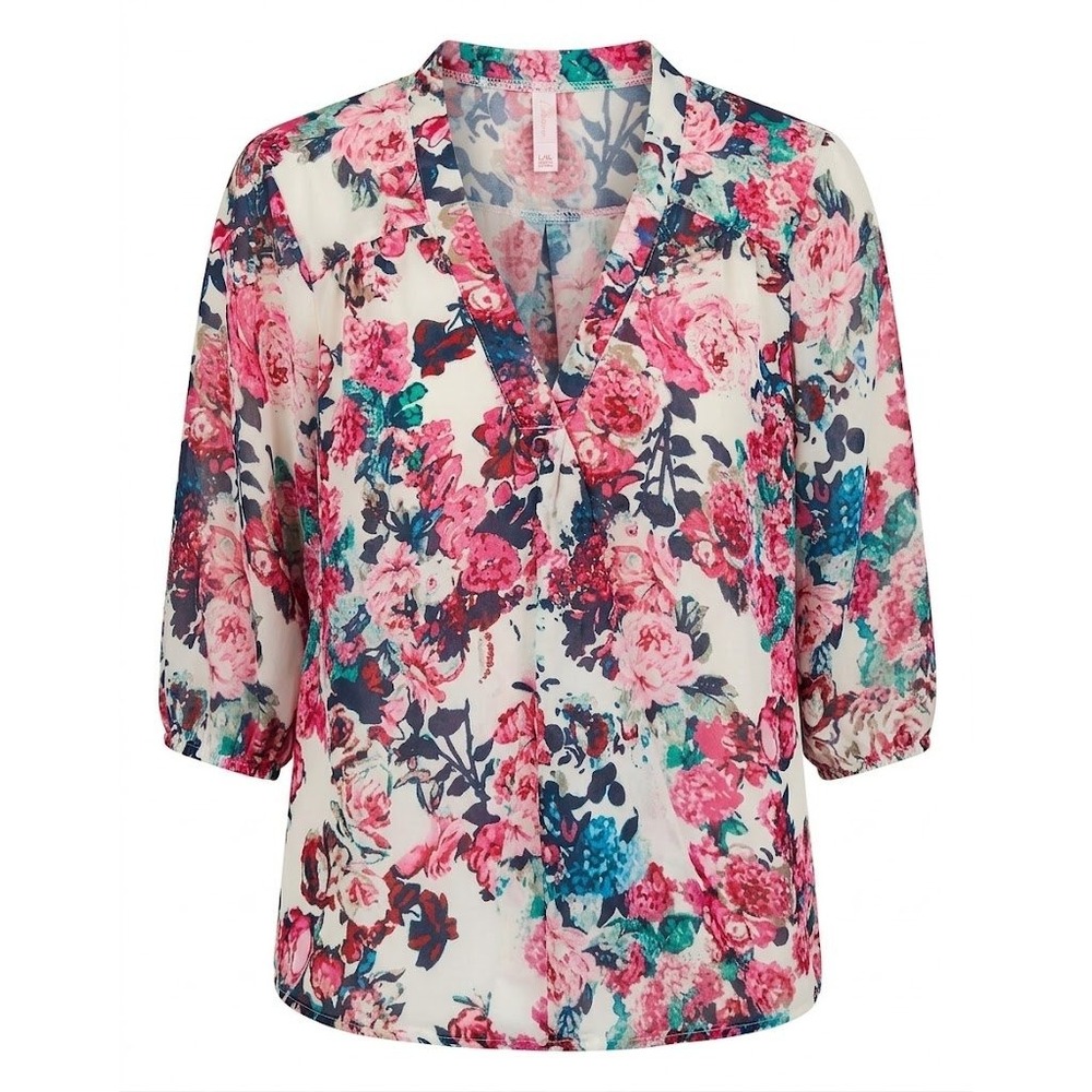 Y2K VTG Floral‎ Tie Neck Blouse Womens sheer Pink White Multicolor Cottagecore L